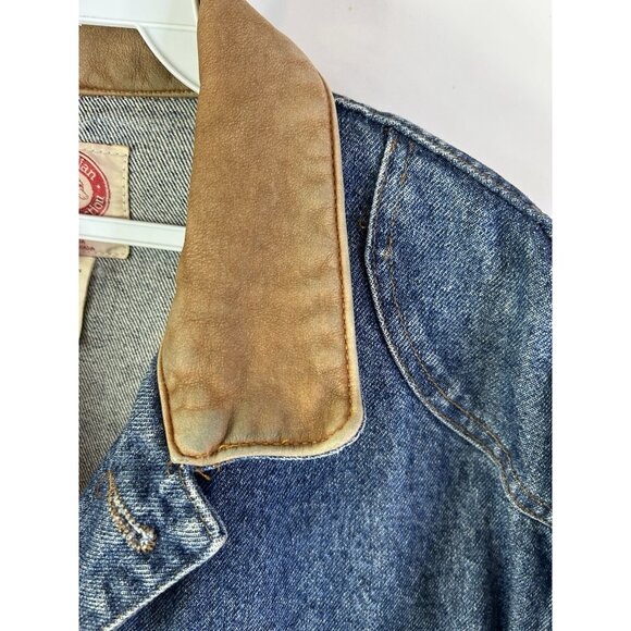 Vintage 90s Leather Collar Denim Jean Trucker Jacket Barn Chore Coat - Picture 4 of 13